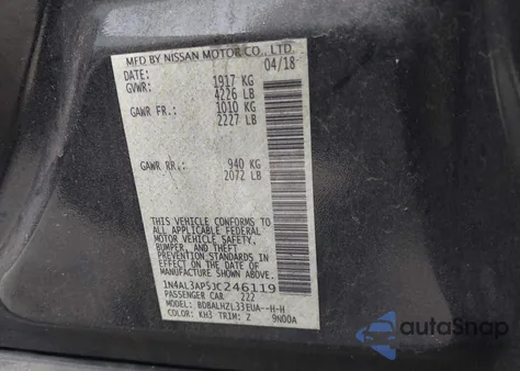 2018 Nissan Altima 2.5 Sr z USA, uszkodzony, nr VIN 1N4AL3AP5JC246119